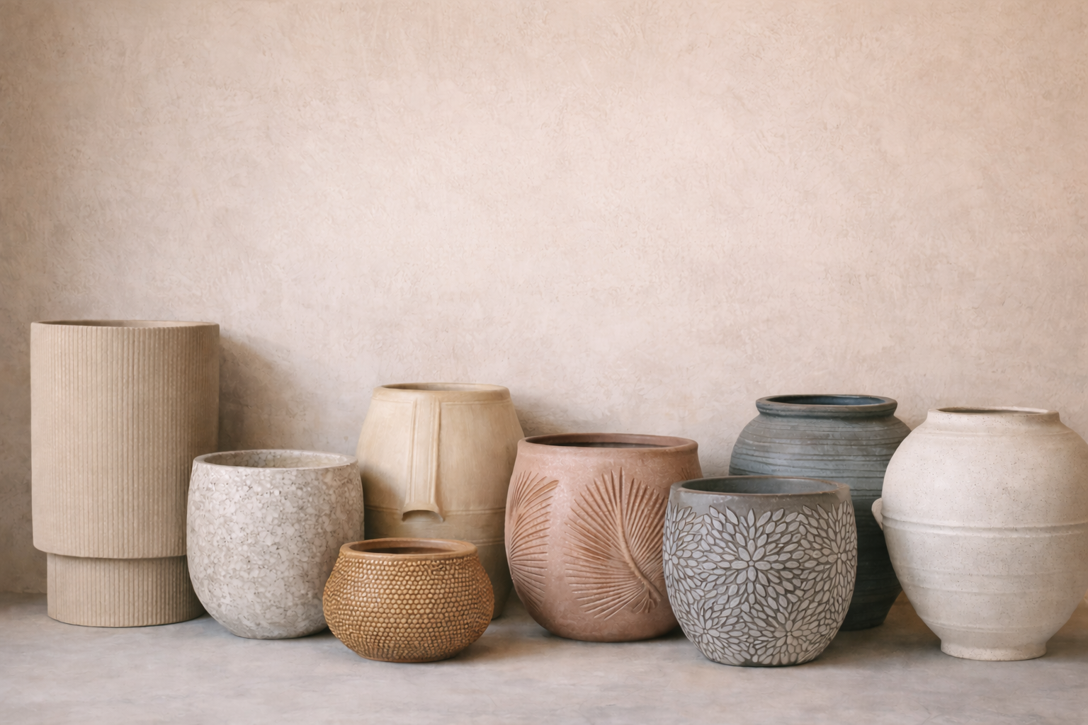 Collection of ceramic pots on a neutral background