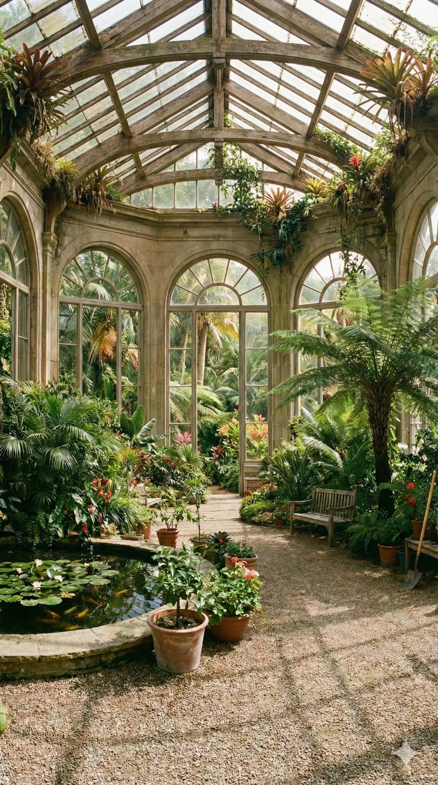 Large greenhouse with arched windows and a variety of plants, including a pond.