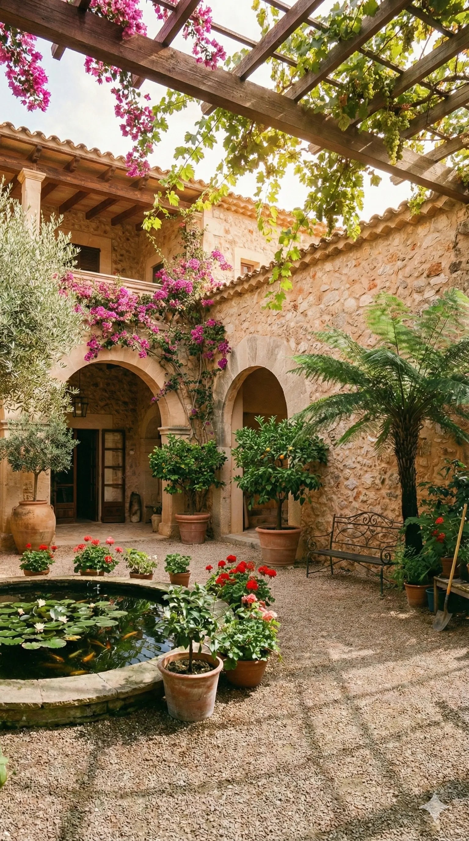 Courtyard with stone walls, a pond, and potted plants under a pergola with flowers.